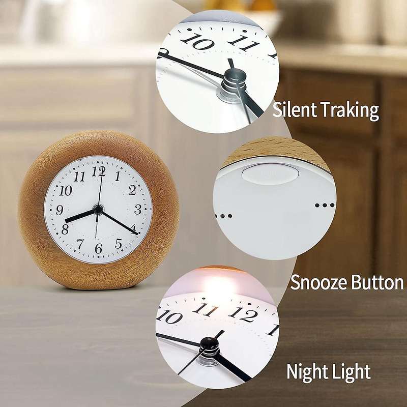 Analogue Alarm Clock without Ticking,wooden Alarm Clock ,wood Brown