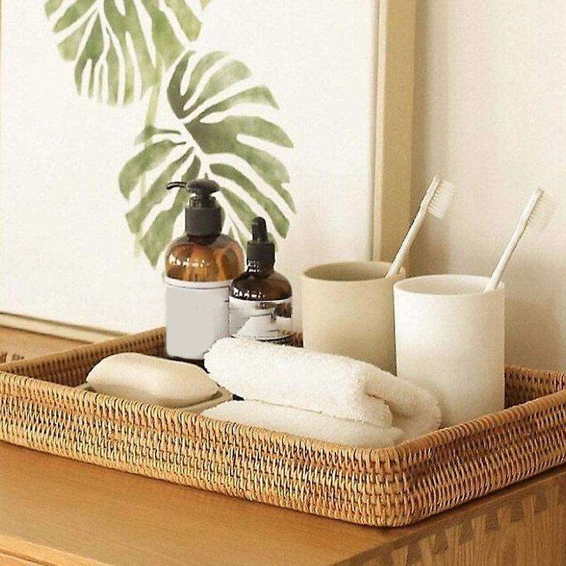 Rattan Wicker Serving Tray Rectangular Decorative Organizer for Snack