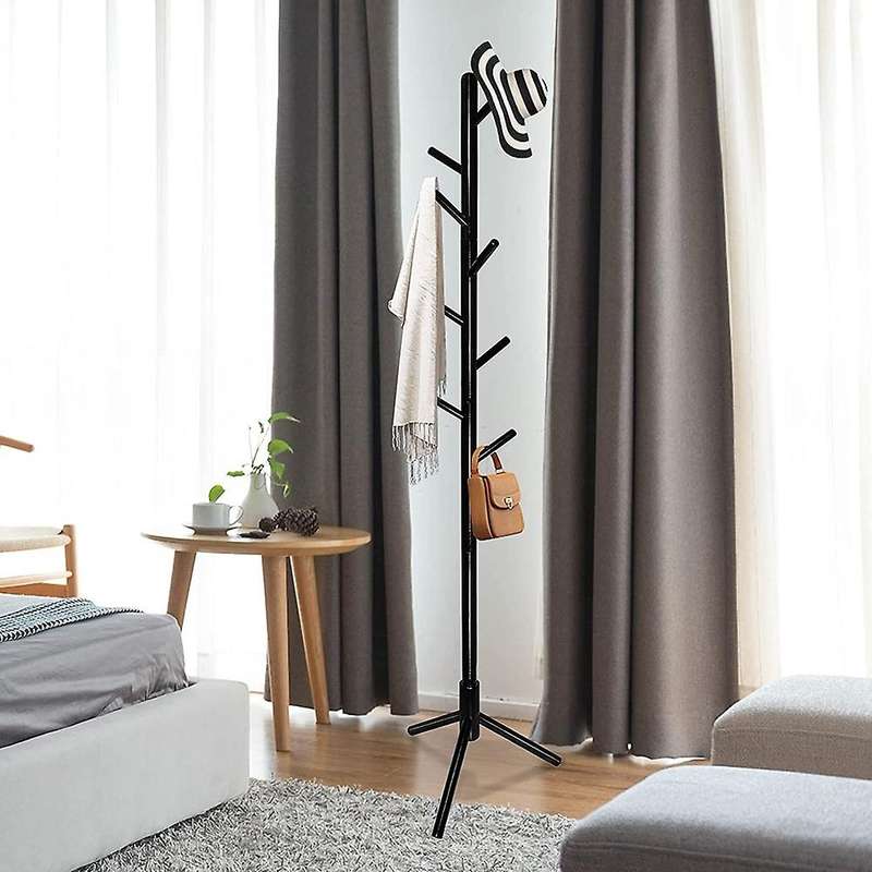 Wooden Coat Rack with Hooks, Free Standing Coat Tree Hanger, Black