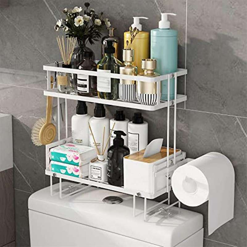 2-tier Bathroom Organizer Toilet Paper Holder, No Drilling(black)