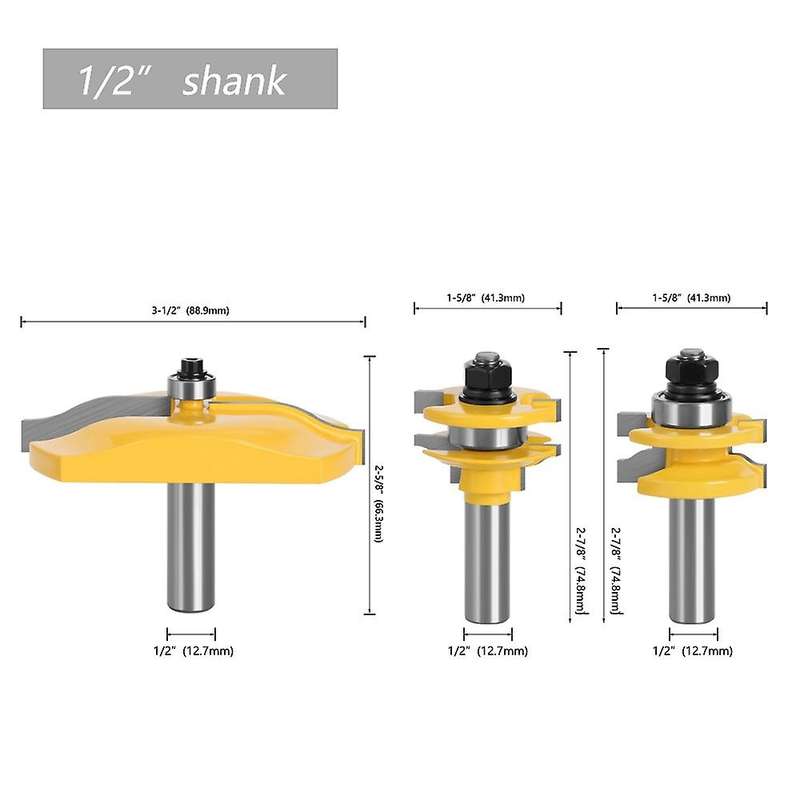 3pcs 1/2inch Shank Woodworking Router Bits Miter Planing Tool Adapter
