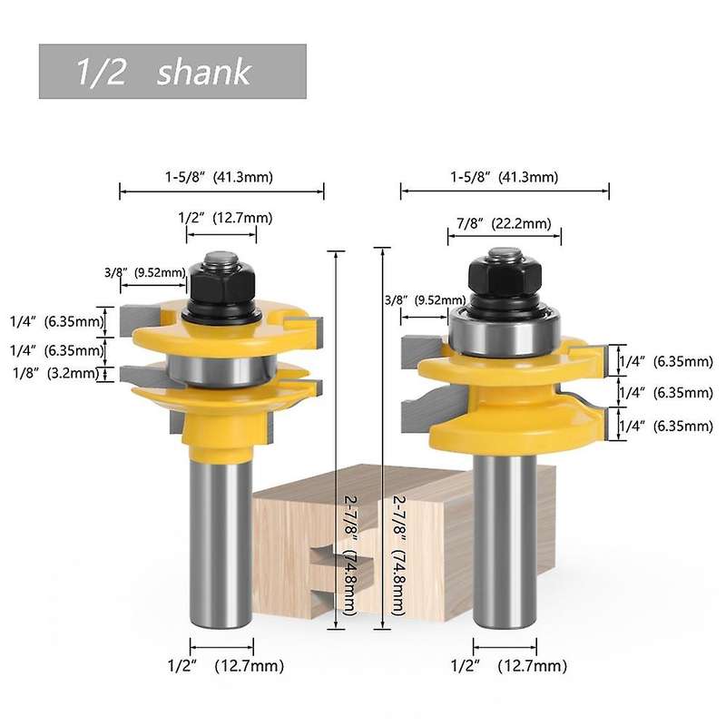 3pcs 1/2inch Shank Woodworking Router Bits Miter Planing Tool Adapter