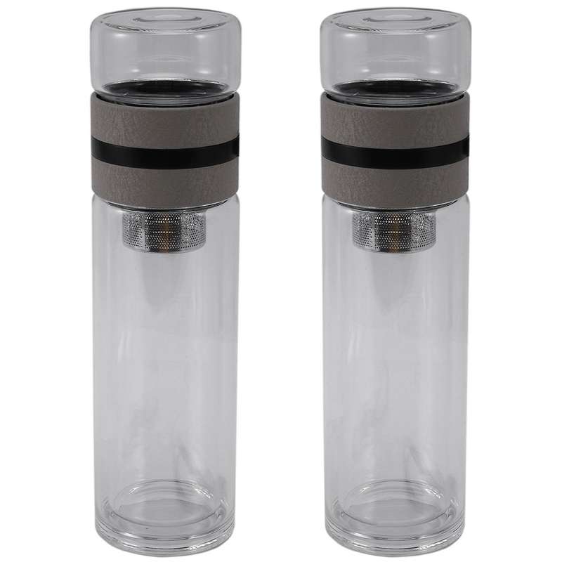 2x 350ml Travel Drinkware Portable Double Wall Glass Tea Bottle Khaki