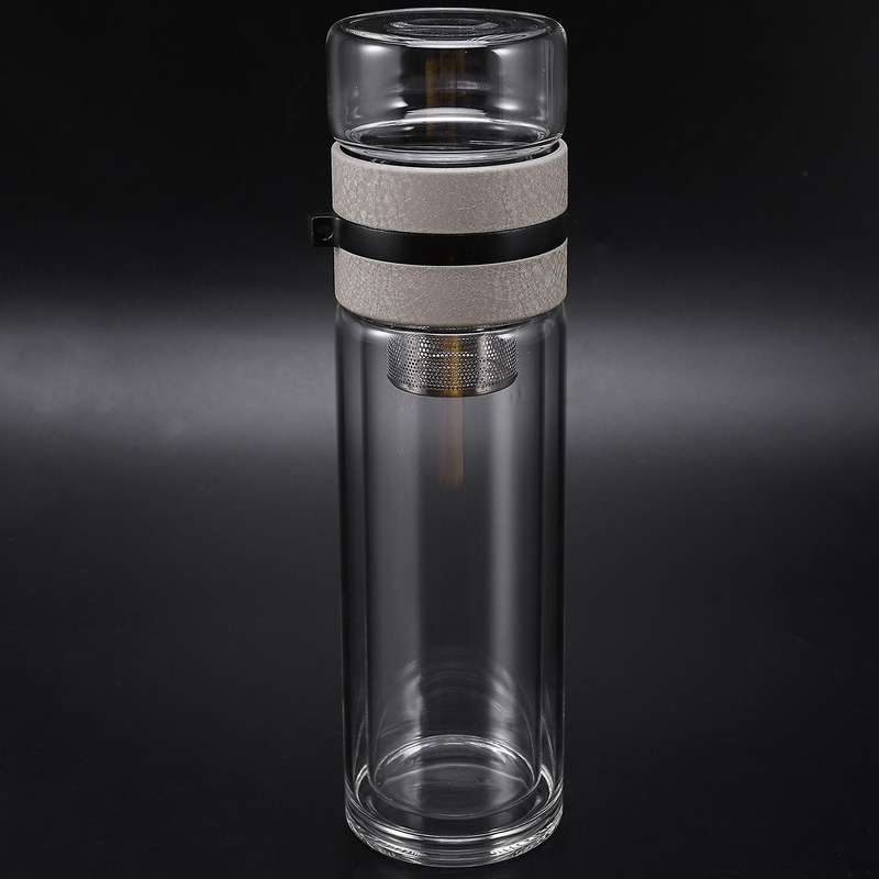 2x 350ml Travel Drinkware Portable Double Wall Glass Tea Bottle Khaki