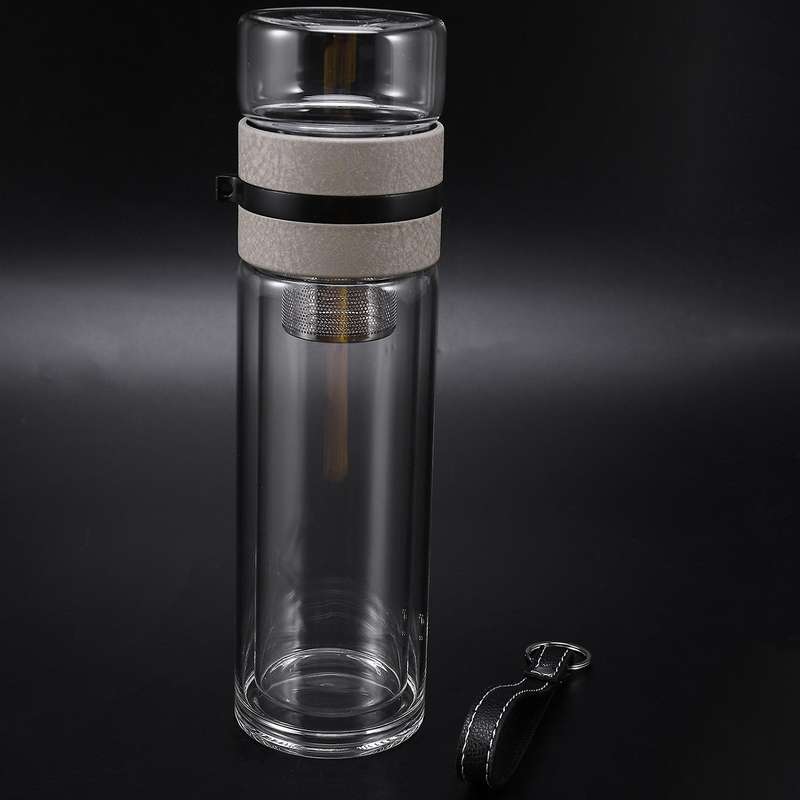 2x 350ml Travel Drinkware Portable Double Wall Glass Tea Bottle Khaki