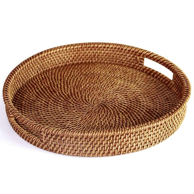 Rattan Tray with Handle-hand-woven Tray with Rattan (round 13.5 Inch)