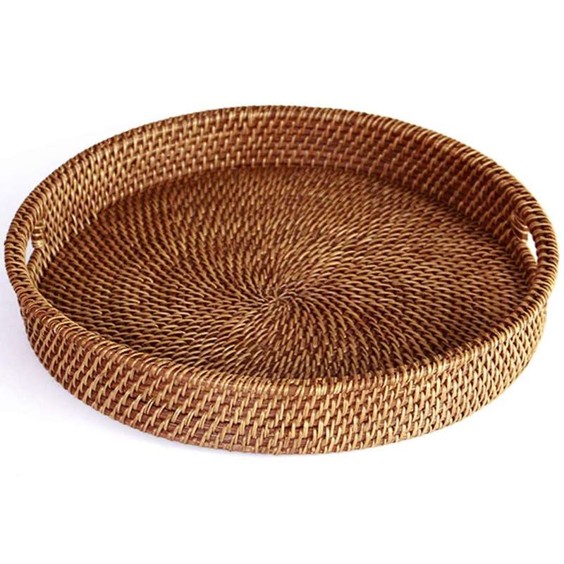 Rattan Tray with Handle-hand-woven Tray with Rattan (round 13.5 Inch)