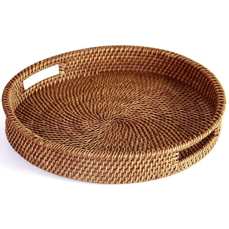 Rattan Tray with Handle-hand-woven Tray with Rattan (round 13.5 Inch)