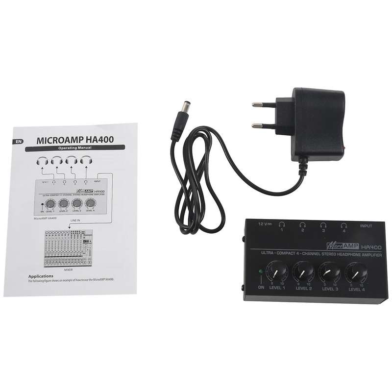 2x Eu Plug Ha400 4 Channel Headphone Amplifier with Adapter Black