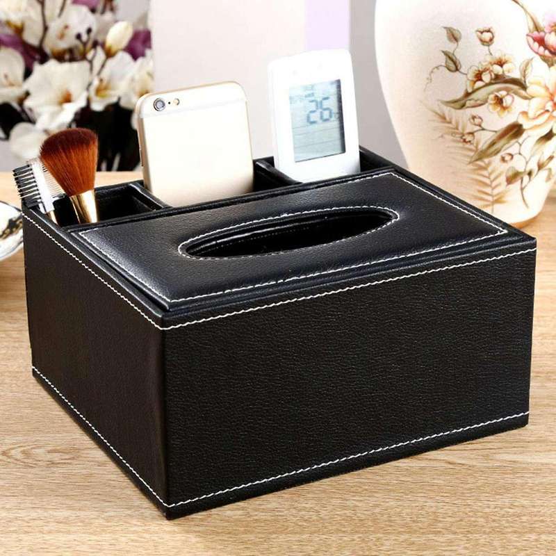 Pu Tissue Box Multifunctional Desktop Organizer (black)