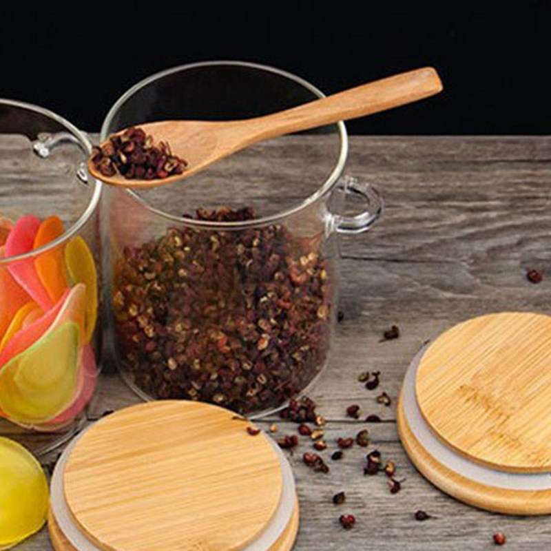 2pcs Sugar Bowl with Bamboo Lid and Spoon Jar for Kitchen Storag