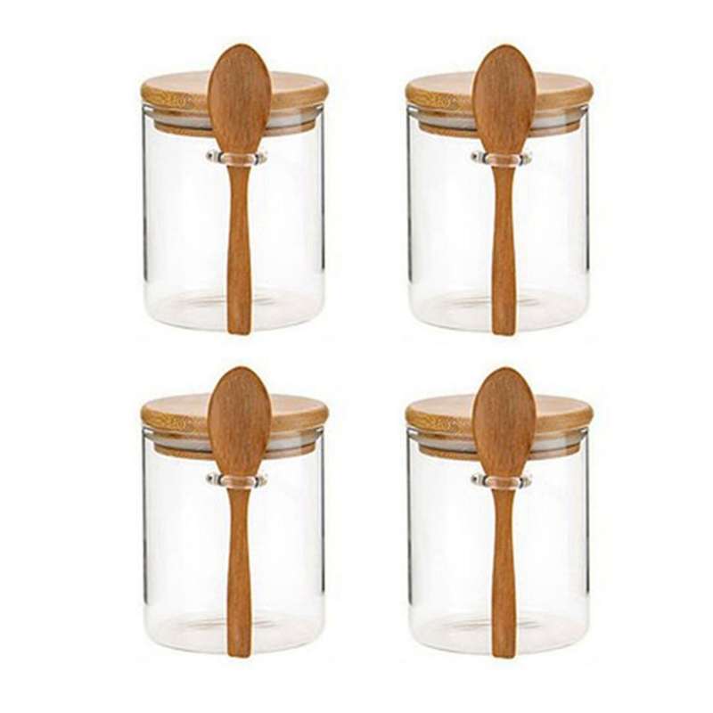 2pcs Sugar Bowl with Bamboo Lid and Spoon Jar for Kitchen Storag