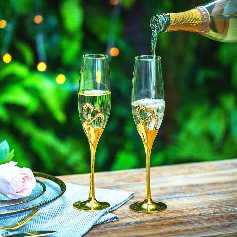 Wedding Champagne Glass Set with Rhinestone Rimmed for Wedding A