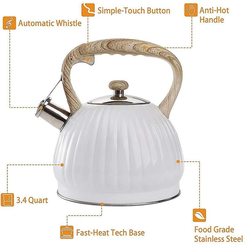 3.5l Tea Kettle for Stove Top with Wood Handle, White Pumpkin Shape