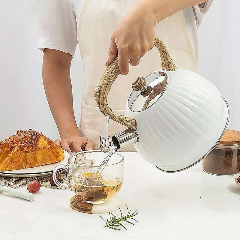 3.5l Tea Kettle for Stove Top with Wood Handle, White Pumpkin Shape