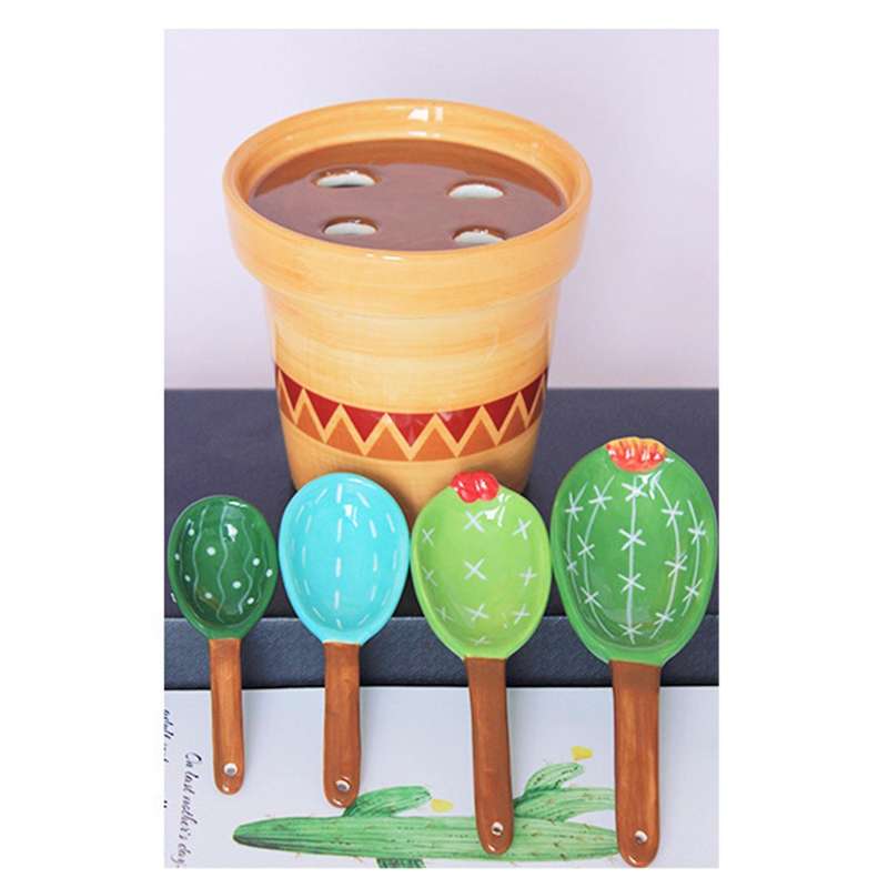 Ceramic Rice Spoon Cute Cactus Shape Cute Kitchen Tool with Base A