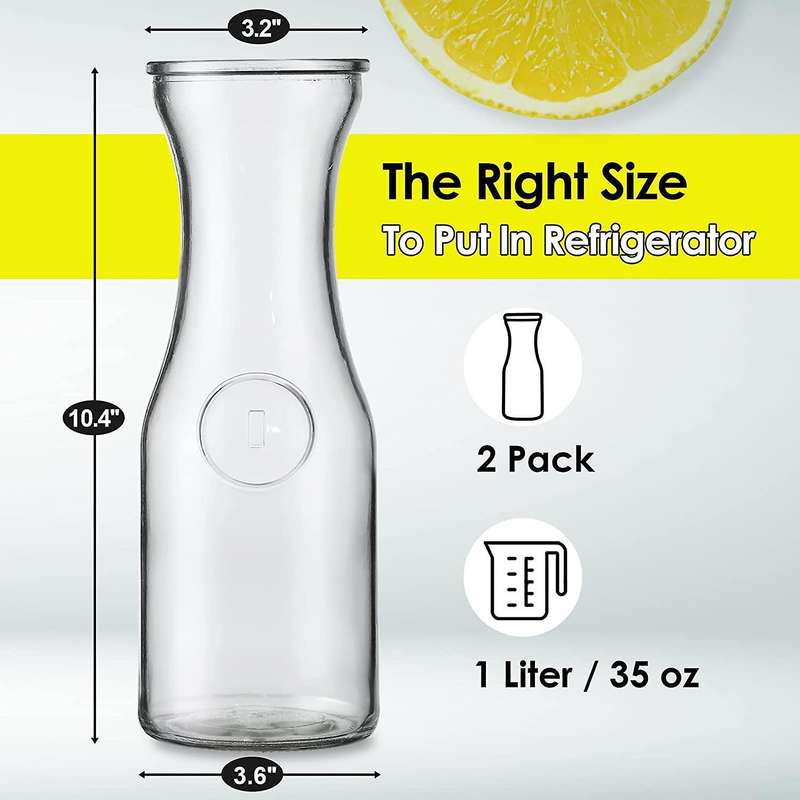 2 Pack Glass Carafes with Acrylic Lids, 35 Oz Water Pitcher Container