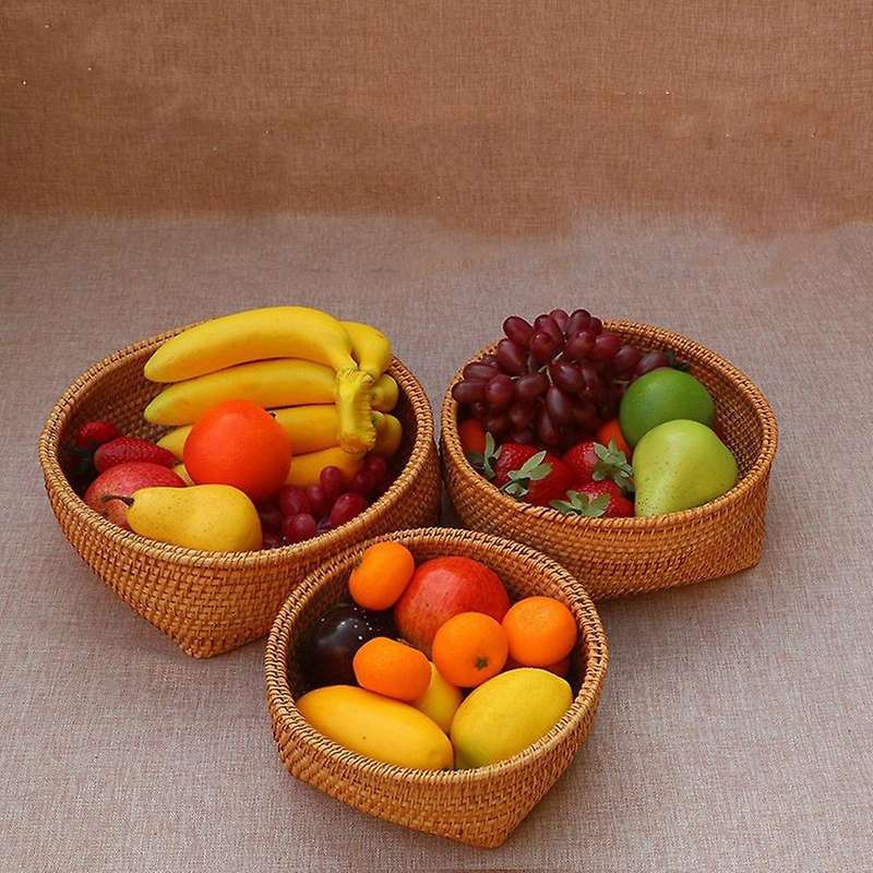 Handwoven Rattan Storage Tray Set Round Wicker Basket Bread Food