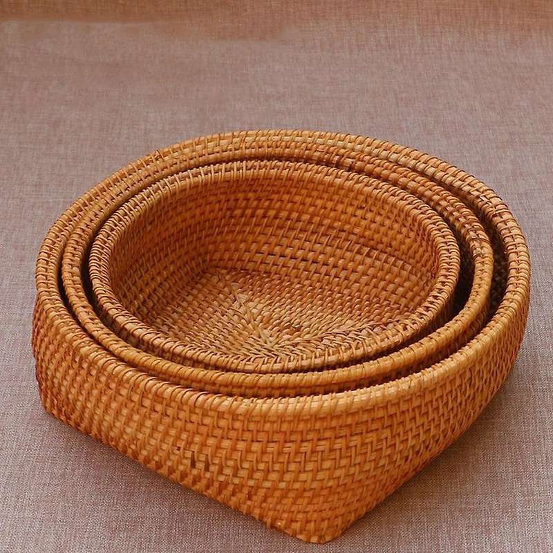 Handwoven Rattan Storage Tray Set Round Wicker Basket Bread Food