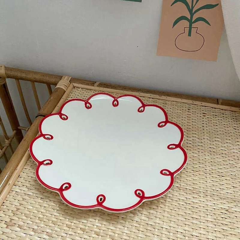2x Ins Creative Retro Red Border Flower 9 Inch Disc Ceramic Plate