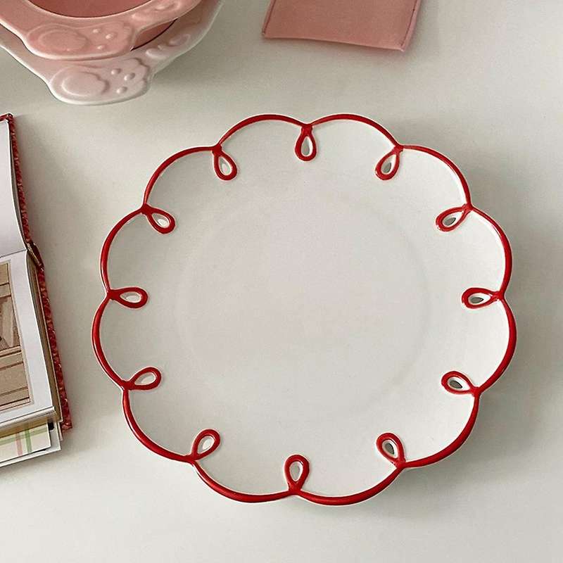 2x Ins Creative Retro Red Border Flower 9 Inch Disc Ceramic Plate