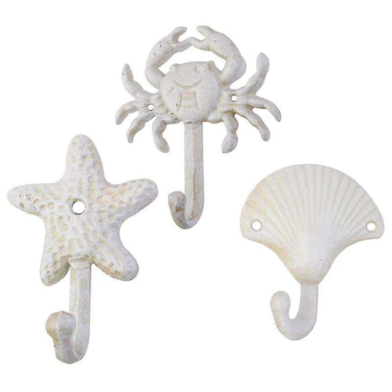 Set Of 3 Starfish Seashell Crab Cast Iron Decorative Metal Hooks
