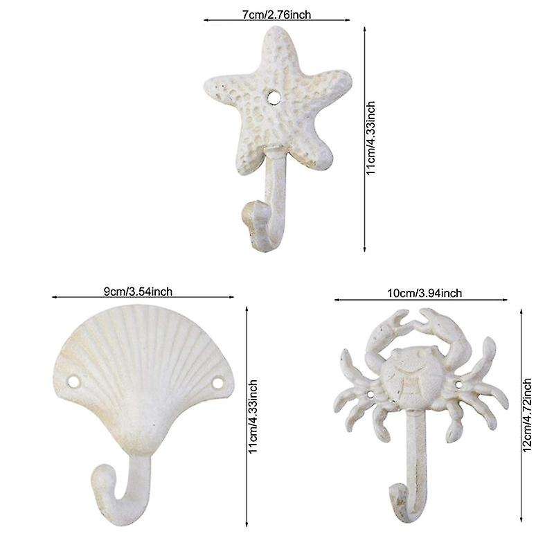 Set Of 3 Starfish Seashell Crab Cast Iron Decorative Metal Hooks