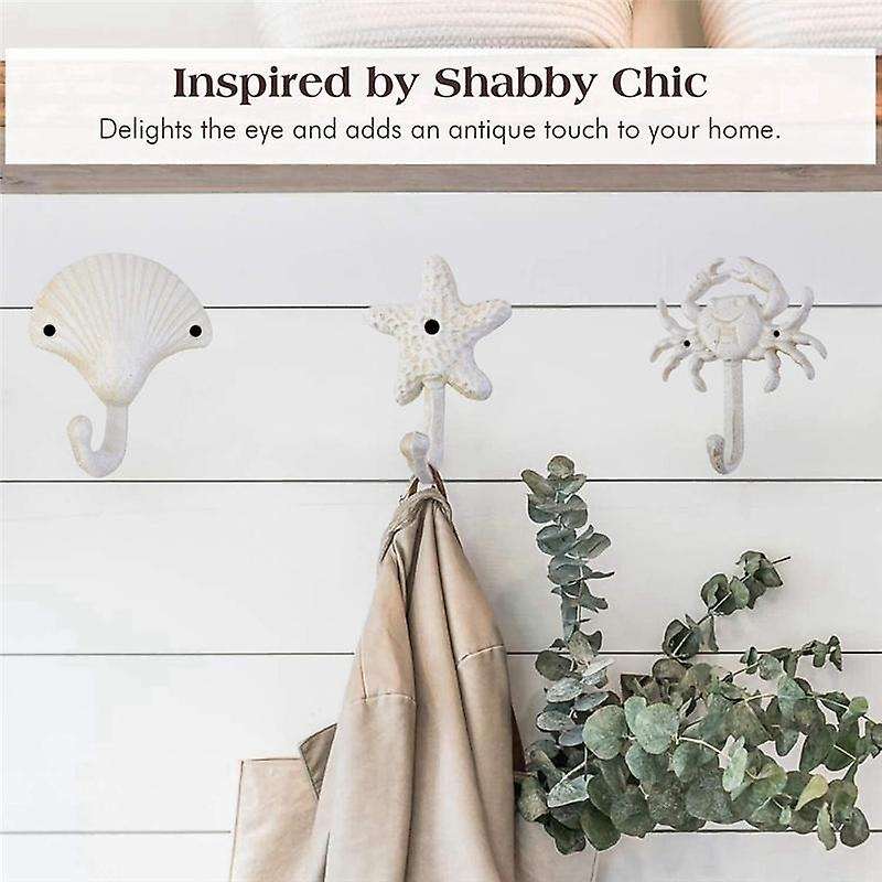 Set Of 3 Starfish Seashell Crab Cast Iron Decorative Metal Hooks