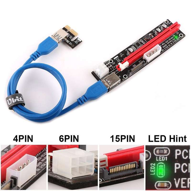 6 Pcs Pci-e Gpu Riser Cable 16x to 1x Eth Mining Powered Riser Card