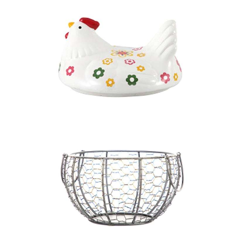 Iron Ceramic Hen Ornament Egg Fruit Storage Basket(white)
