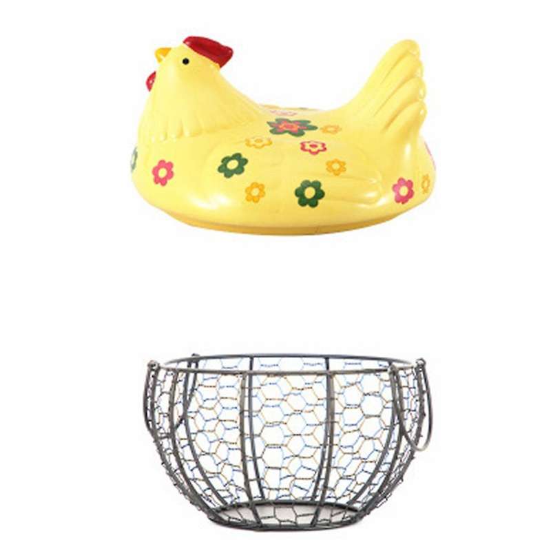 Iron Ceramic Hen Ornament Egg Fruit Storage Basket(yellow)