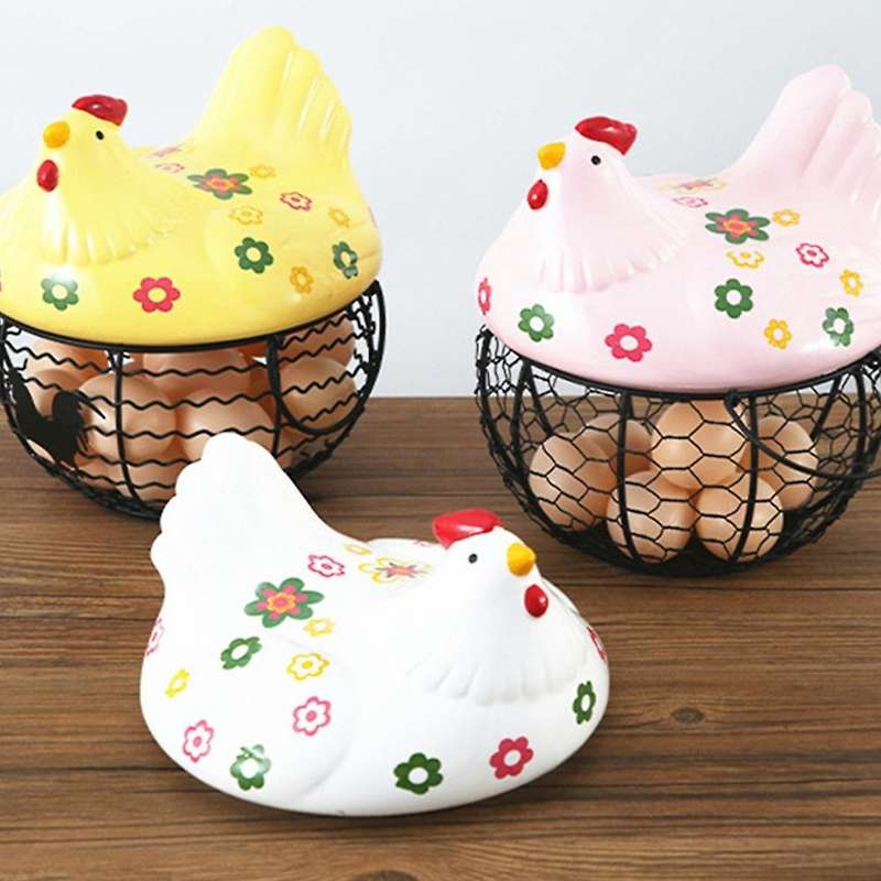 Iron Ceramic Hen Ornament Egg Fruit Storage Basket(pink)