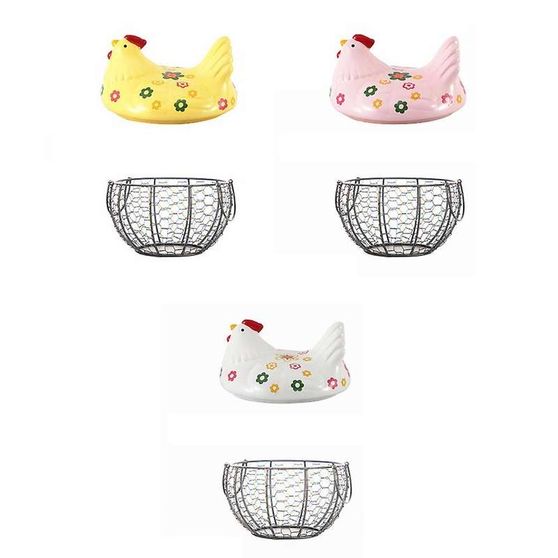 Iron Ceramic Hen Ornament Egg Fruit Storage Basket(pink)