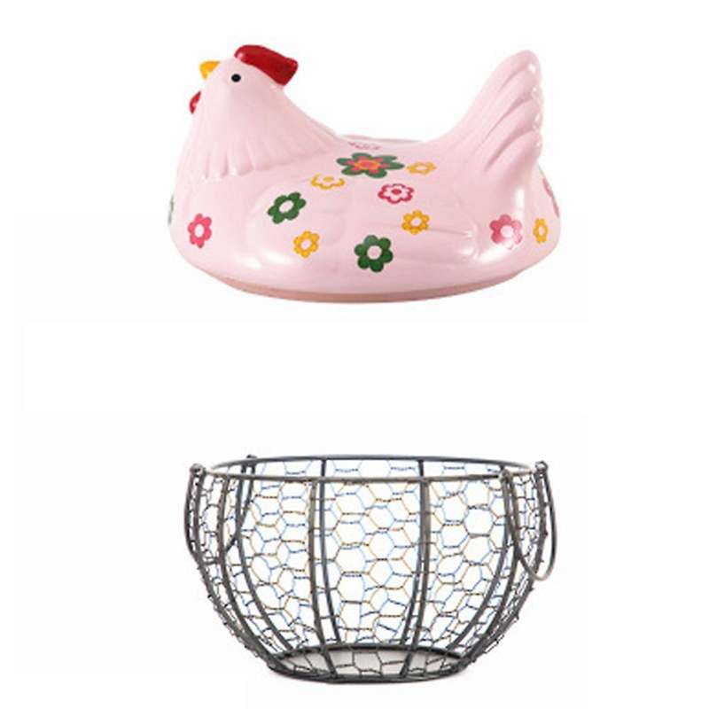 Iron Ceramic Hen Ornament Egg Fruit Storage Basket(pink)