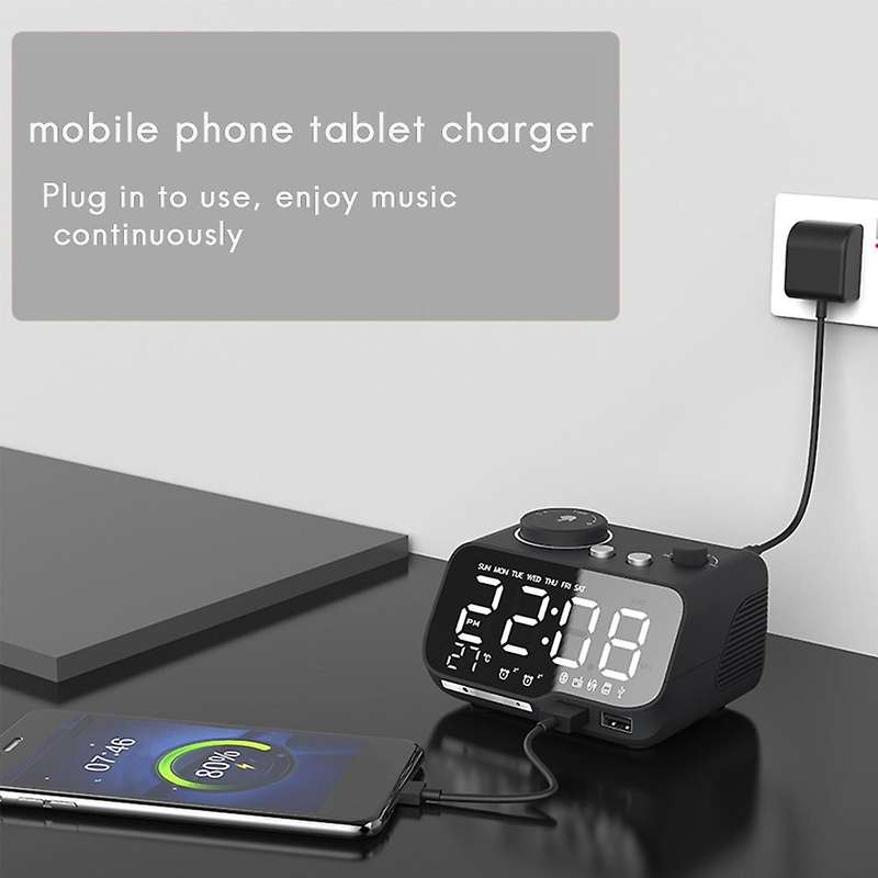 Usb Charger Led Digital Alarm Clock with Fm Radio, (black)eu Plug