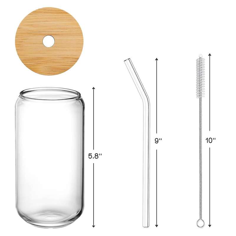 Drinking Glasses with Bamboo Lids and Glass Straw 4pcs Set - 16oz