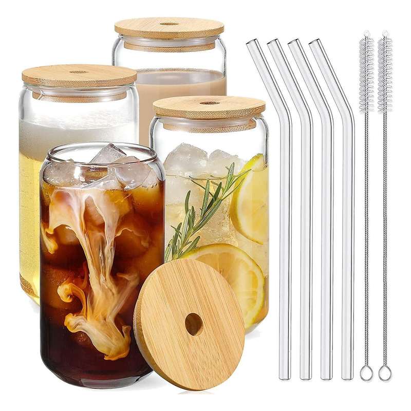 Drinking Glasses with Bamboo Lids and Glass Straw 4pcs Set - 16oz