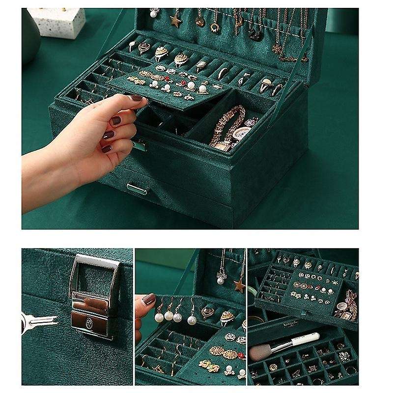 Three Layer New Vintage Flannel Jewelry Box Storage Box Dark Green