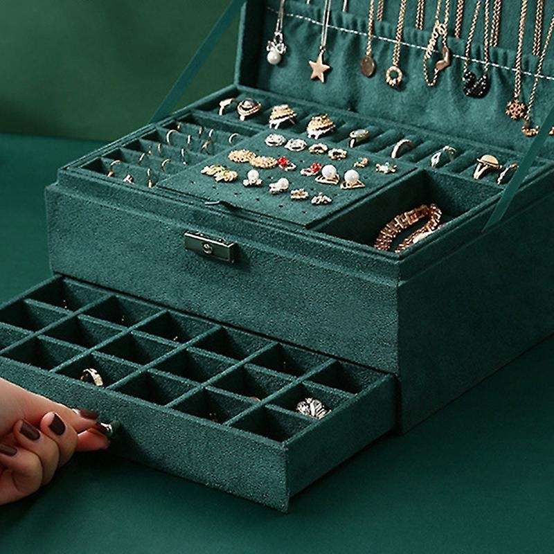 Three Layer New Vintage Flannel Jewelry Box Storage Box Dark Green