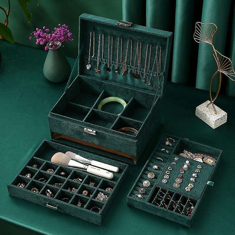 Three Layer New Vintage Flannel Jewelry Box Storage Box Dark Green