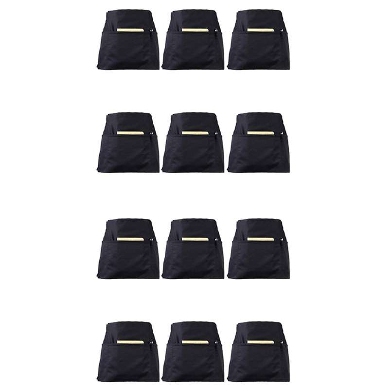 6 Pack Black Waist Aprons with 3 Pockets - Half Aprons 24 X 12 Inch