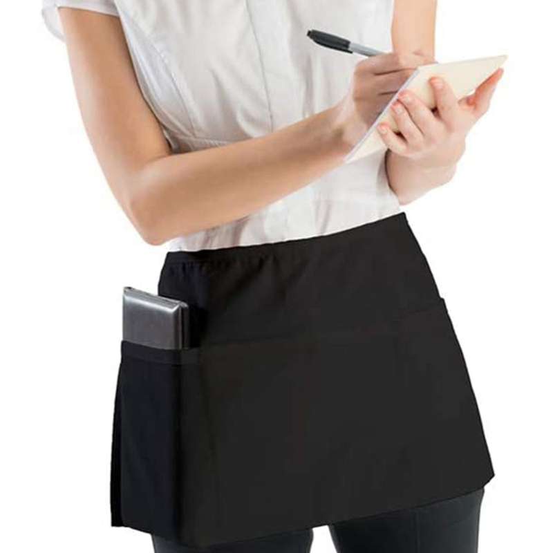 6 Pack Black Waist Aprons with 3 Pockets - Half Aprons 24 X 12 Inch