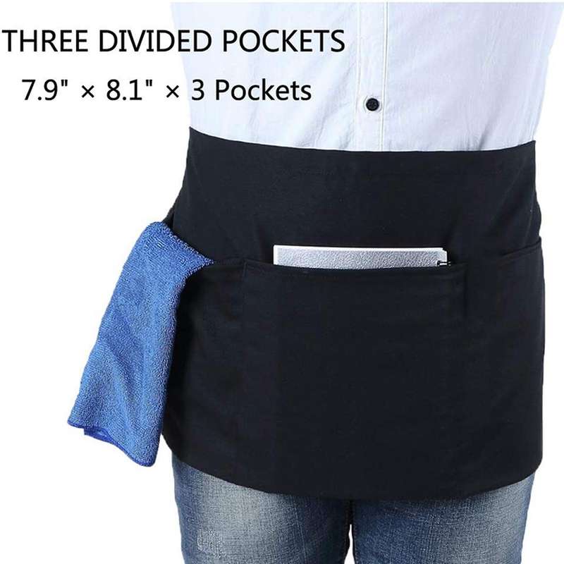 6 Pack Black Waist Aprons with 3 Pockets - Half Aprons 24 X 12 Inch