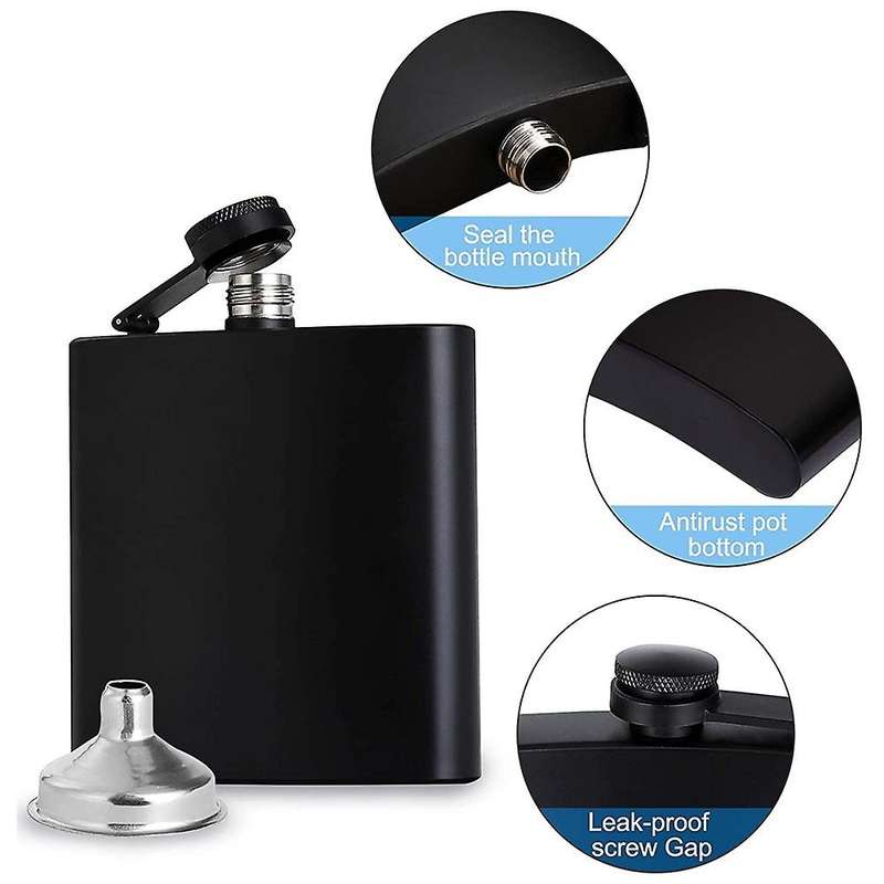 Hip Flask Matte Black Stainless Steel Anti-funnel -6 Oz