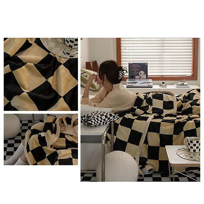 Retro Checkerboard Flannel Blanket Sleeping Four Seasons Cover D