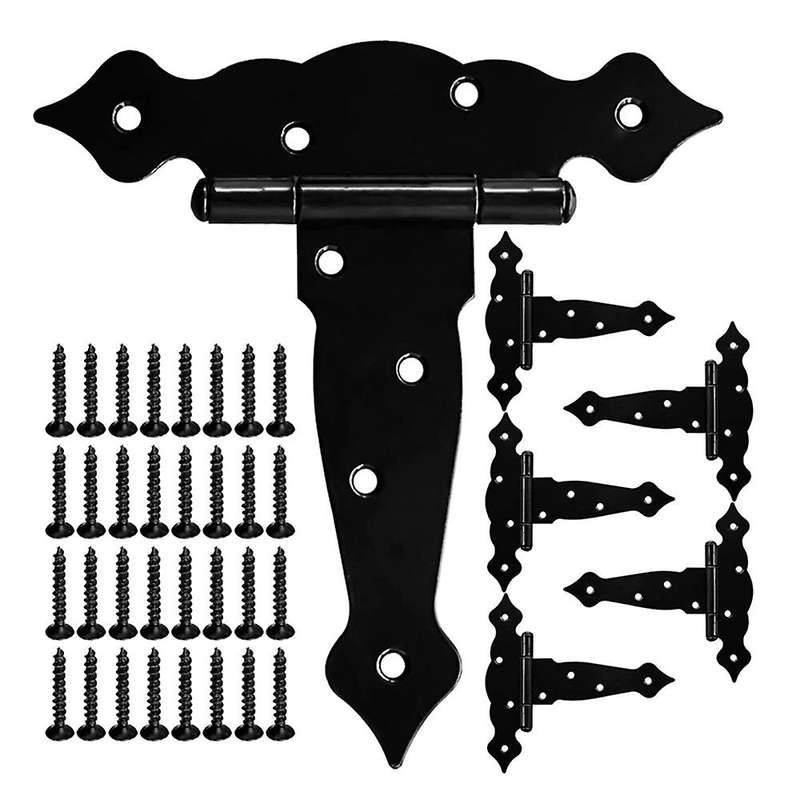 6pack Gate Hinges Black for Wooden Fences, Barn, 5inch T-strap Hinge