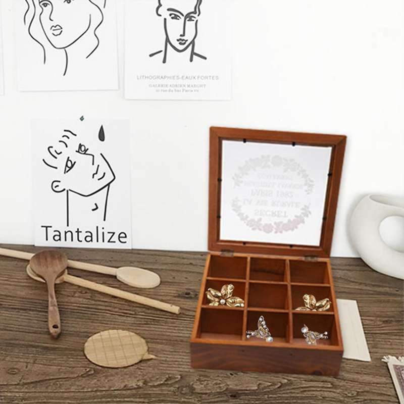 9 Section Wooden Box Compartments Container 24 X 24 X 7cm -wood Color
