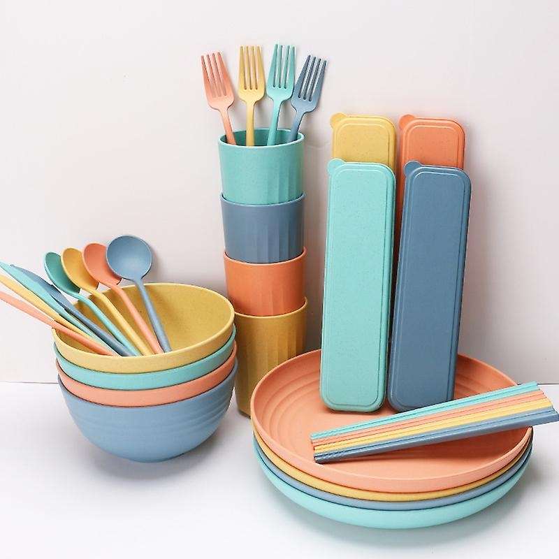32pcs Wheat Straw Dinnerware Sets, Kitchen Dinner Set, Camping A