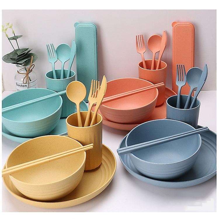 32pcs Wheat Straw Dinnerware Sets, Kitchen Dinner Set, Camping A