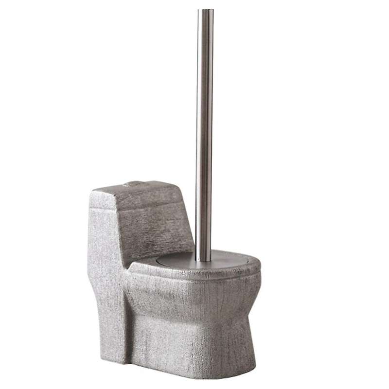 Handmade Toilet Brush Holder Set Ceramic Long Handle Silver Gray